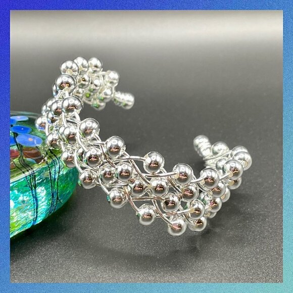 Jewelry - Sterling Silver 925 Wide Beaded Woven Cuff Bracelet #1168